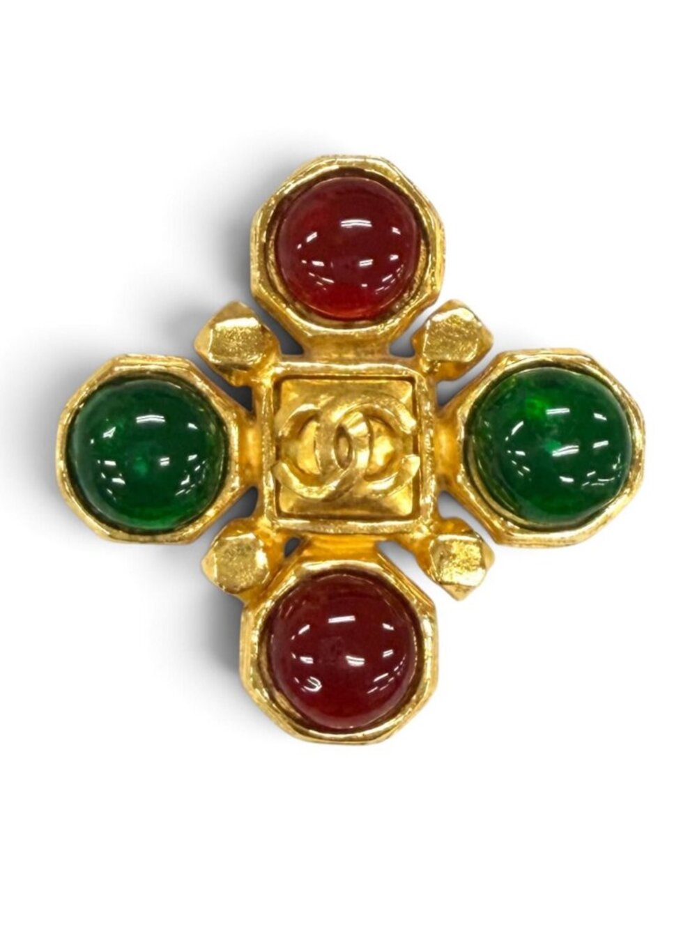Chanel Vintage 97A Gripoix CC Logo Brooch Red Green Gold